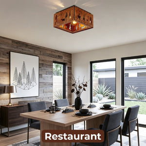English Elm 2-Light Rustic Square Flush Mount Wood Iron Bear Motif Ceiling Fixture for Hallways Bulbs Not Included W2312P545480