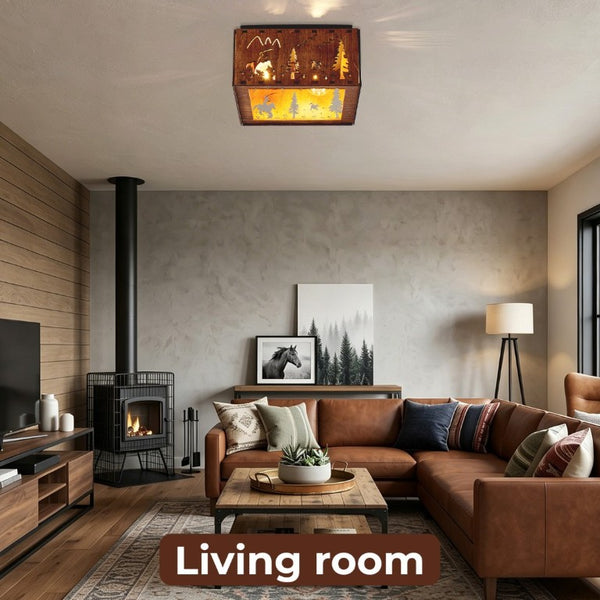 English Elm 2-Light Rustic Square Flush Mount Wood Iron Bear Motif Ceiling Fixture for Hallways Bulbs Not Included W2312P545480