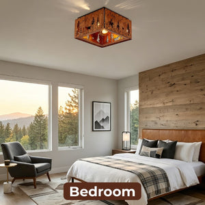 English Elm 2-Light Rustic Square Flush Mount Wood Iron Bear Motif Ceiling Fixture for Hallways Bulbs Not Included W2312P545480