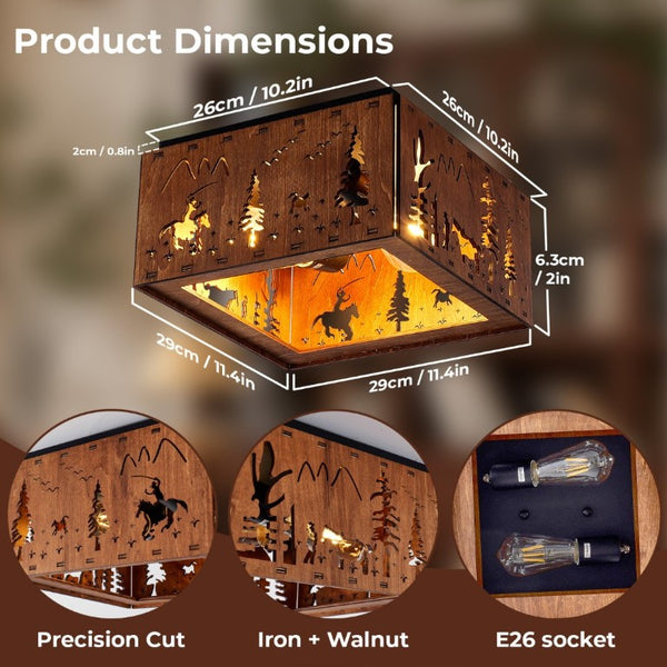 English Elm 2-Light Rustic Square Flush Mount Wood Iron Bear Motif Ceiling Fixture for Hallways Bulbs Not Included W2312P545480