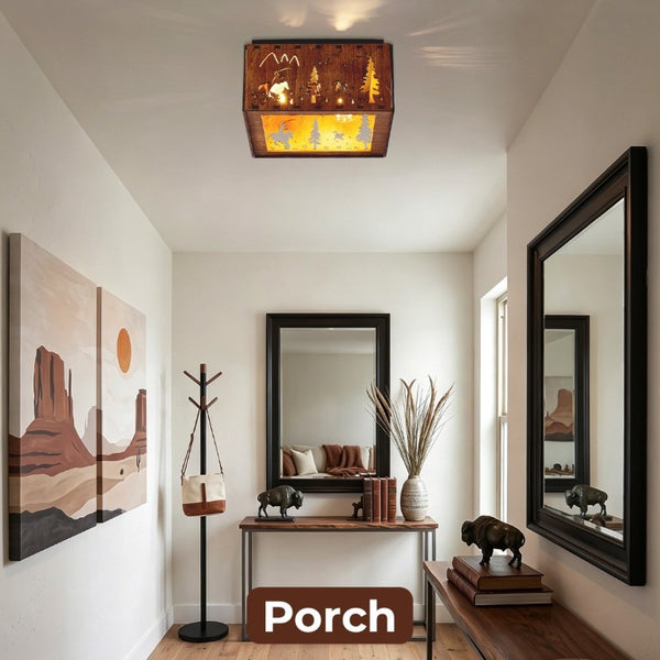 English Elm 2-Light Rustic Square Flush Mount Wood Iron Bear Motif Ceiling Fixture for Hallways Bulbs Not Included W2312P545480