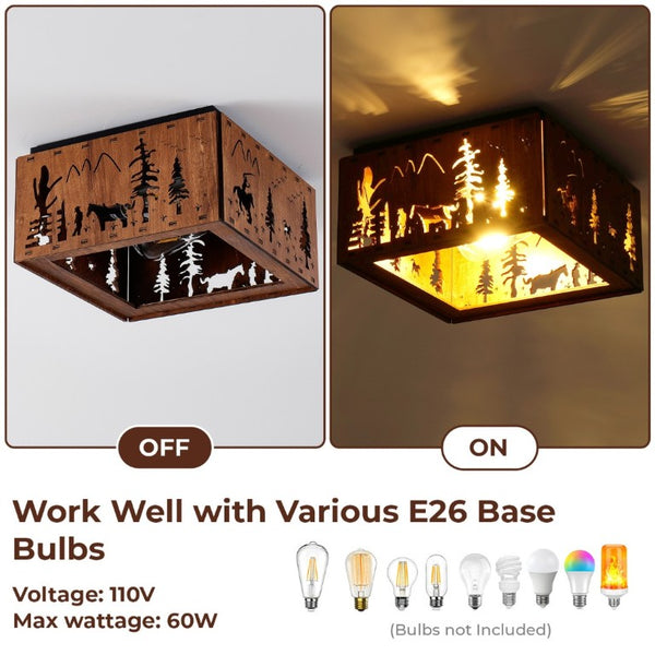 English Elm 2-Light Rustic Square Flush Mount Wood Iron Bear Motif Ceiling Fixture for Hallways Bulbs Not Included W2312P545480