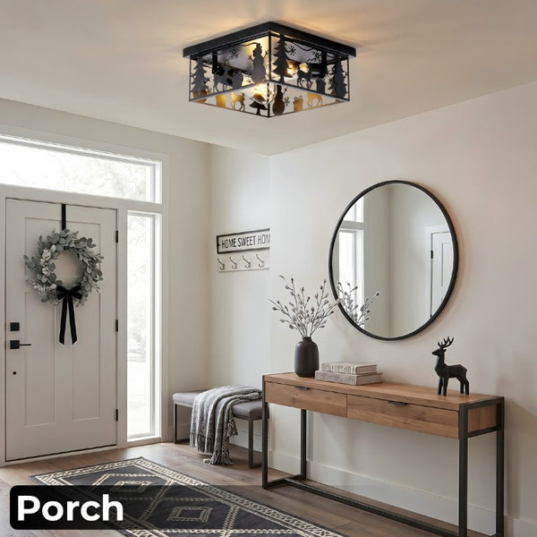 English Elm Rustic Lodge Flush Mount Ceiling Fixture with Wildlife Cutouts for Cabin Entryways Square W2312P545481