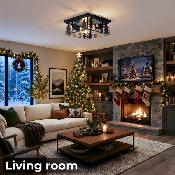English Elm Rustic Lodge Flush Mount Ceiling Fixture with Wildlife Cutouts for Cabin Entryways Square W2312P545481