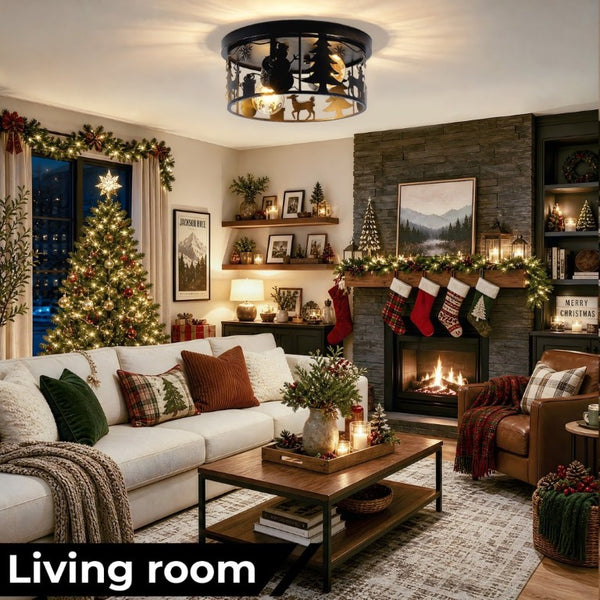 English Elm Rustic Lodge Flush Mount Ceiling Fixture with Wildlife Cutouts for Cabin Entryways Round W2312P545483