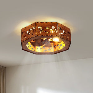 English Elm Farmhouse Wood Fandelier Flush Mount with Carved Coastal Panels for Bedroom or Living Room W2312P545485