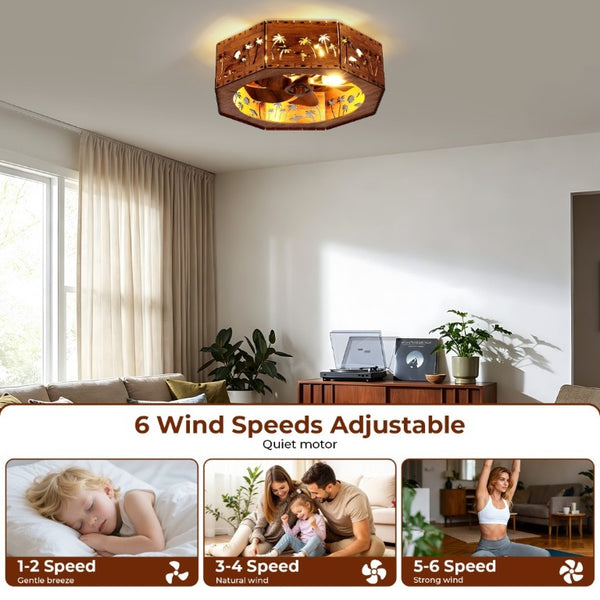English Elm Farmhouse Wood Fandelier Flush Mount with Carved Coastal Panels for Bedroom or Living Room W2312P545485