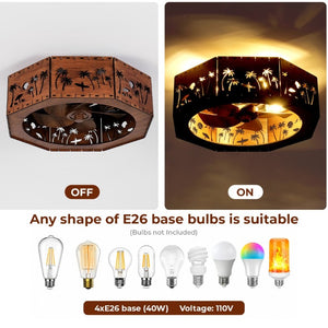 English Elm Farmhouse Wood Fandelier Flush Mount with Carved Coastal Panels for Bedroom or Living Room W2312P545485