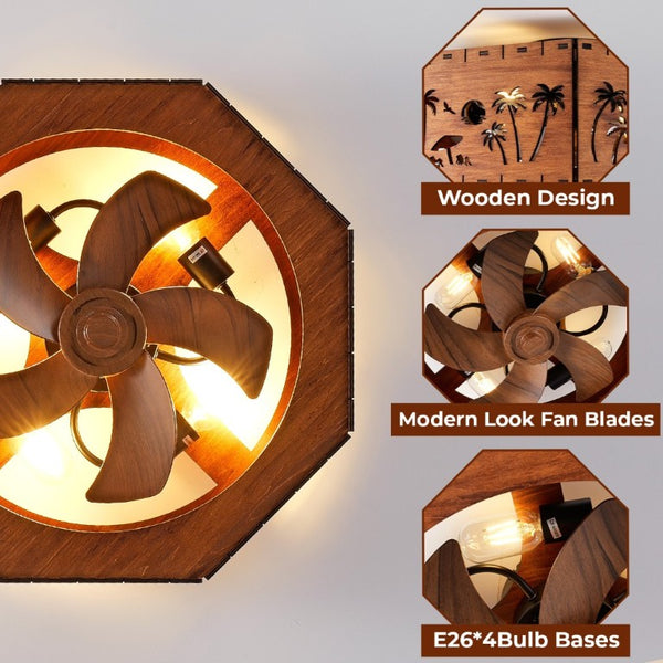 English Elm Farmhouse Wood Fandelier Flush Mount with Carved Coastal Panels for Bedroom or Living Room W2312P545485