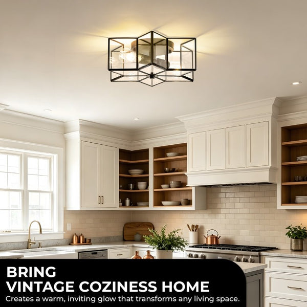 English Elm Vintage Moravian Star Flush Mount Farmhouse Ceiling Light with Clear Glass Shades Black W2312P545486