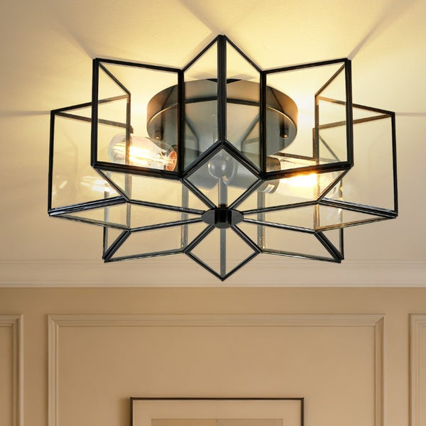 English Elm Star Shaped Semi Flush Mount Copper Ceiling Light Hand Forged Brass with Clear Glass Black W2312P545488