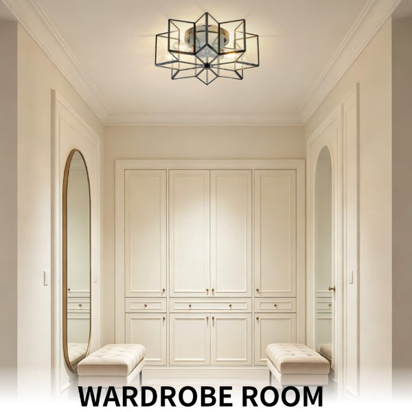 English Elm Star Shaped Semi Flush Mount Copper Ceiling Light Hand Forged Brass with Clear Glass Black W2312P545488