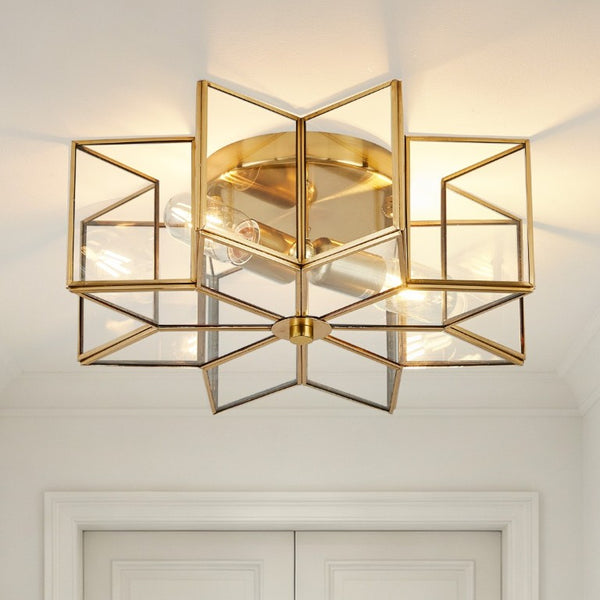 English Elm Star Shaped Semi Flush Mount Copper Ceiling Light Hand Forged Brass with Clear Glass Gold W2312P545489