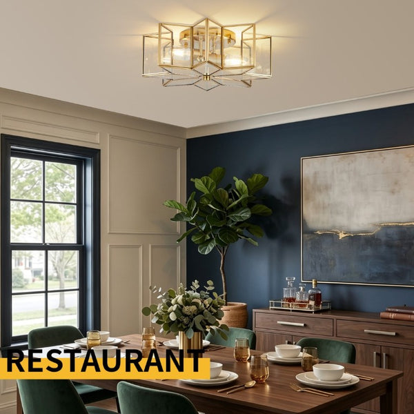 English Elm Star Shaped Semi Flush Mount Copper Ceiling Light Hand Forged Brass with Clear Glass Gold W2312P545489