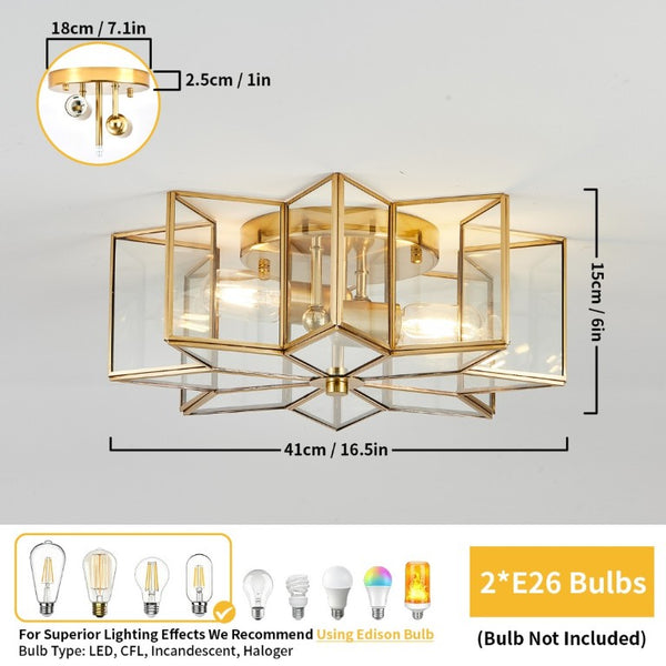 English Elm Star Shaped Semi Flush Mount Copper Ceiling Light Hand Forged Brass with Clear Glass Gold W2312P545489