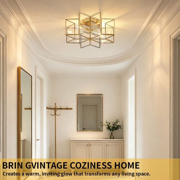 English Elm Star Shaped Semi Flush Mount Copper Ceiling Light Hand Forged Brass with Clear Glass Gold W2312P545489