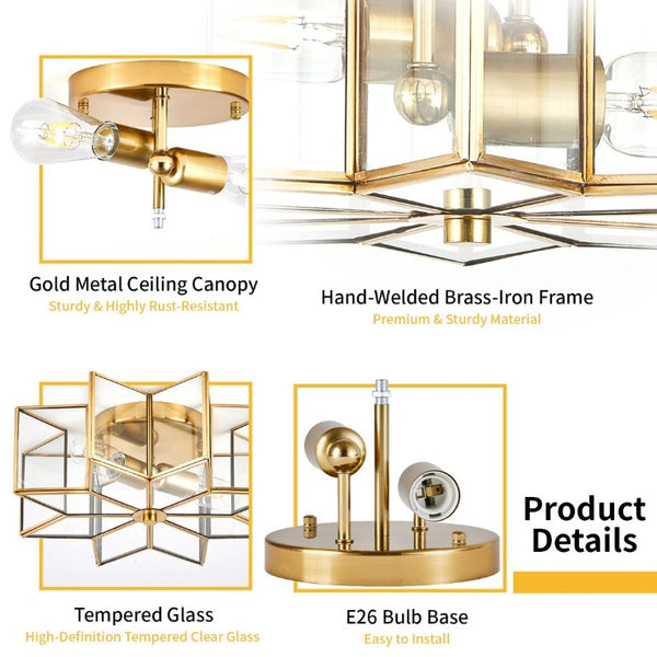 English Elm Star Shaped Semi Flush Mount Copper Ceiling Light Hand Forged Brass with Clear Glass Gold W2312P545489
