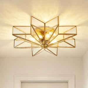 English Elm Star Moravian Flush Mount Brass and Tempered Glass Ceiling Light for Modern Interiors W2312P545490