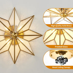 English Elm Star Moravian Flush Mount Brass and Tempered Glass Ceiling Light for Modern Interiors W2312P545490