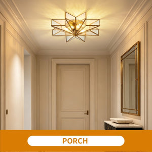 English Elm Star Moravian Flush Mount Brass and Tempered Glass Ceiling Light for Modern Interiors W2312P545490