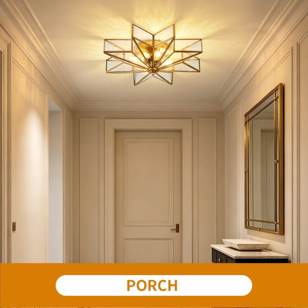 English Elm Star Moravian Flush Mount Brass and Tempered Glass Ceiling Light for Modern Interiors W2312P545490