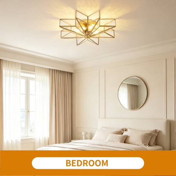 English Elm Star Moravian Flush Mount Brass and Tempered Glass Ceiling Light for Modern Interiors W2312P545490