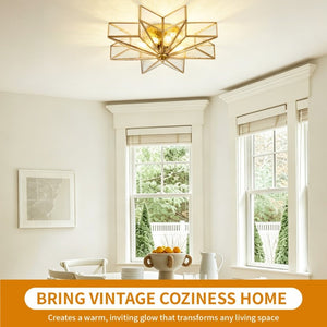 English Elm Star Moravian Flush Mount Brass and Tempered Glass Ceiling Light for Modern Interiors W2312P545490