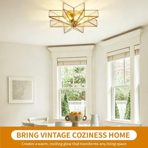 English Elm Star Moravian Flush Mount Brass and Tempered Glass Ceiling Light for Modern Interiors W2312P545490