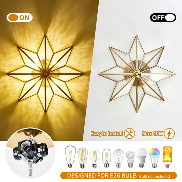 English Elm Star Moravian Flush Mount Brass and Tempered Glass Ceiling Light for Modern Interiors W2312P545490
