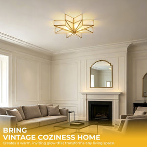 English Elm Star Brass Inlay Flush Mount Ceiling Light Gold Art Deco Glass Shade for Dining Foyer W2312P545491