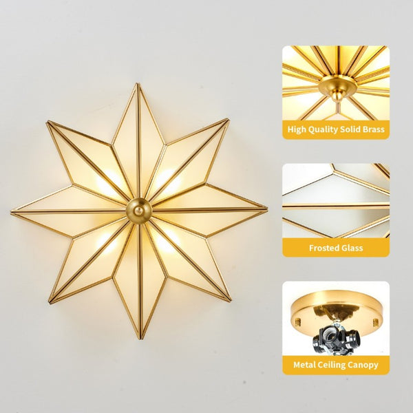English Elm Star Brass Inlay Flush Mount Ceiling Light Gold Art Deco Glass Shade for Dining Foyer W2312P545491