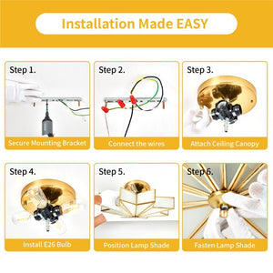 English Elm Star Brass Inlay Flush Mount Ceiling Light Gold Art Deco Glass Shade for Dining Foyer W2312P545491