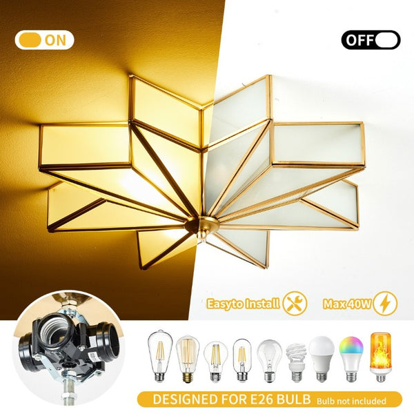 English Elm Star Brass Inlay Flush Mount Ceiling Light Gold Art Deco Glass Shade for Dining Foyer W2312P545491
