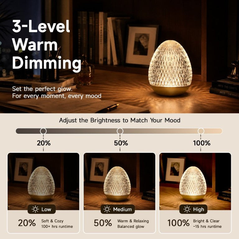 English Elm Cordless Egg Lamp Faceted Acrylic Shade Gold Base Touch Dimming Warm Ambient Glow Gold 4.7 L x 4.7 W x 5.5 H W2312P545492