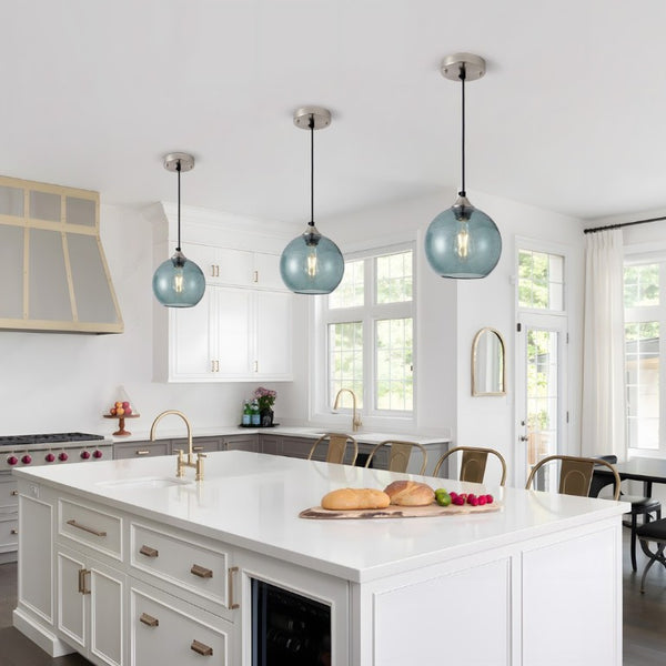 English Elm Light Blown Glass Globe Pendant Set Satin Nickel Kitchen Island Dining Modern Pair Green W2312P545501