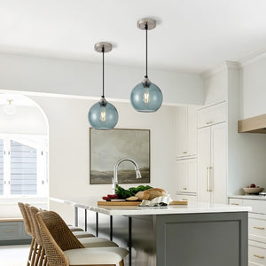 English Elm Light Blown Glass Globe Pendant Set Satin Nickel Kitchen Island Dining Modern Pair Green W2312P545501