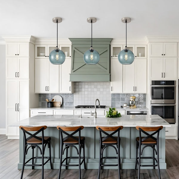 English Elm Light Blown Glass Globe Pendant Set Satin Nickel Kitchen Island Dining Modern Pair Green W2312P545501