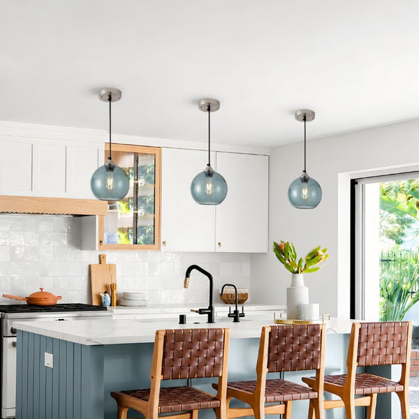 English Elm Light Blown Glass Globe Pendant Set Satin Nickel Kitchen Island Dining Modern Pair Green W2312P545501