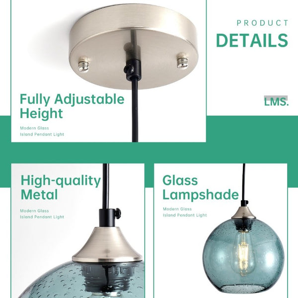 English Elm Light Blown Glass Globe Pendant Set Satin Nickel Kitchen Island Dining Modern Pair Green W2312P545501