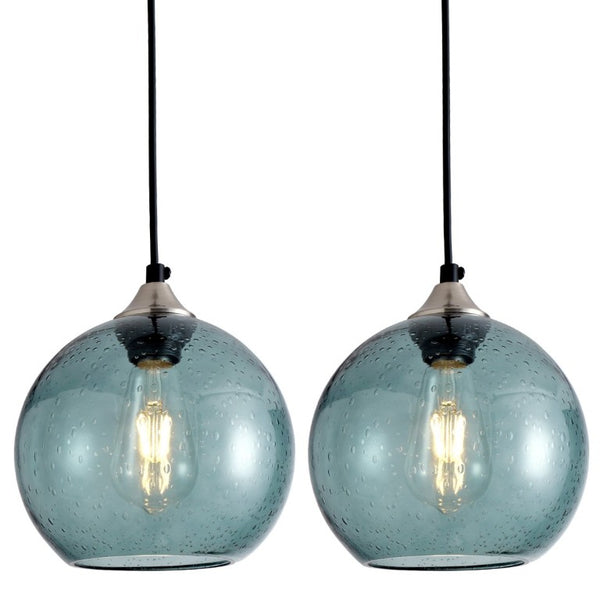 English Elm Light Blown Glass Globe Pendant Set Satin Nickel Kitchen Island Dining Modern Pair Green W2312P545501