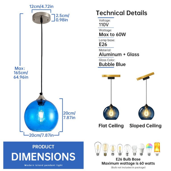 English Elm Light Globe Pendant with Hand Blown Glass Shade and Satin Nickel Finish for Modern Kitchens Blue W2312P545502