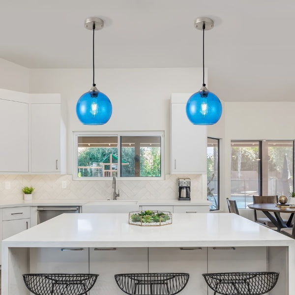 English Elm Light Blown Glass Globe Pendant Set Satin Nickel Kitchen Island Dining Modern Pair Blue W2312P545503