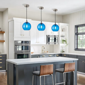 English Elm Light Blown Glass Globe Pendant Set Satin Nickel Kitchen Island Dining Modern Pair Blue W2312P545503