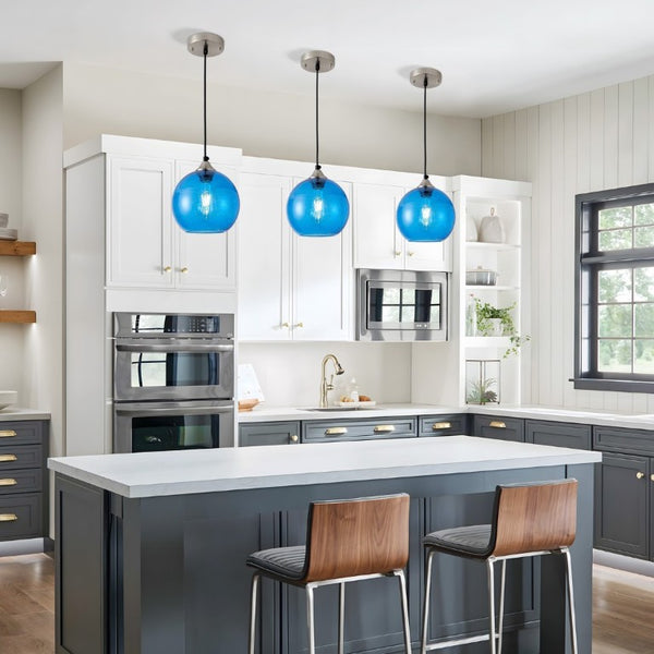 English Elm Light Blown Glass Globe Pendant Set Satin Nickel Kitchen Island Dining Modern Pair Blue W2312P545503
