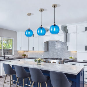 English Elm Light Blown Glass Globe Pendant Set Satin Nickel Kitchen Island Dining Modern Pair Blue W2312P545503
