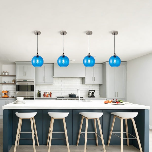 English Elm Light Blown Glass Globe Pendant Set Satin Nickel Kitchen Island Dining Modern Pair Blue W2312P545503