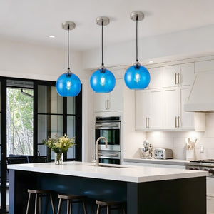 English Elm Light Blown Glass Globe Pendant Set Satin Nickel Kitchen Island Dining Modern Pair Blue W2312P545503