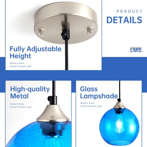 English Elm Light Blown Glass Globe Pendant Set Satin Nickel Kitchen Island Dining Modern Pair Blue W2312P545503