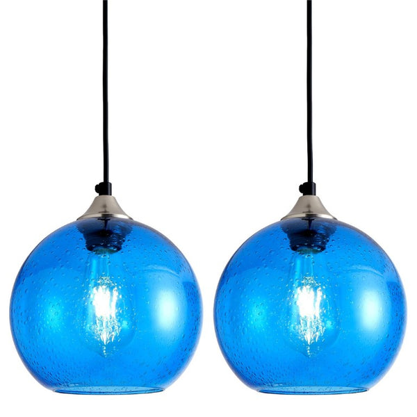 English Elm Light Blown Glass Globe Pendant Set Satin Nickel Kitchen Island Dining Modern Pair Blue W2312P545503