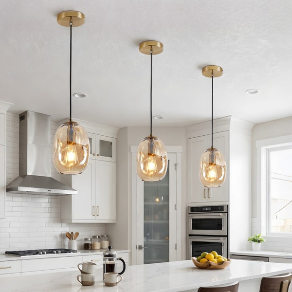 English Elm Modern Hand-Blown Organic Glass Pendant Brushed Gold Fixture for Kitchen or Dining W2312P545506